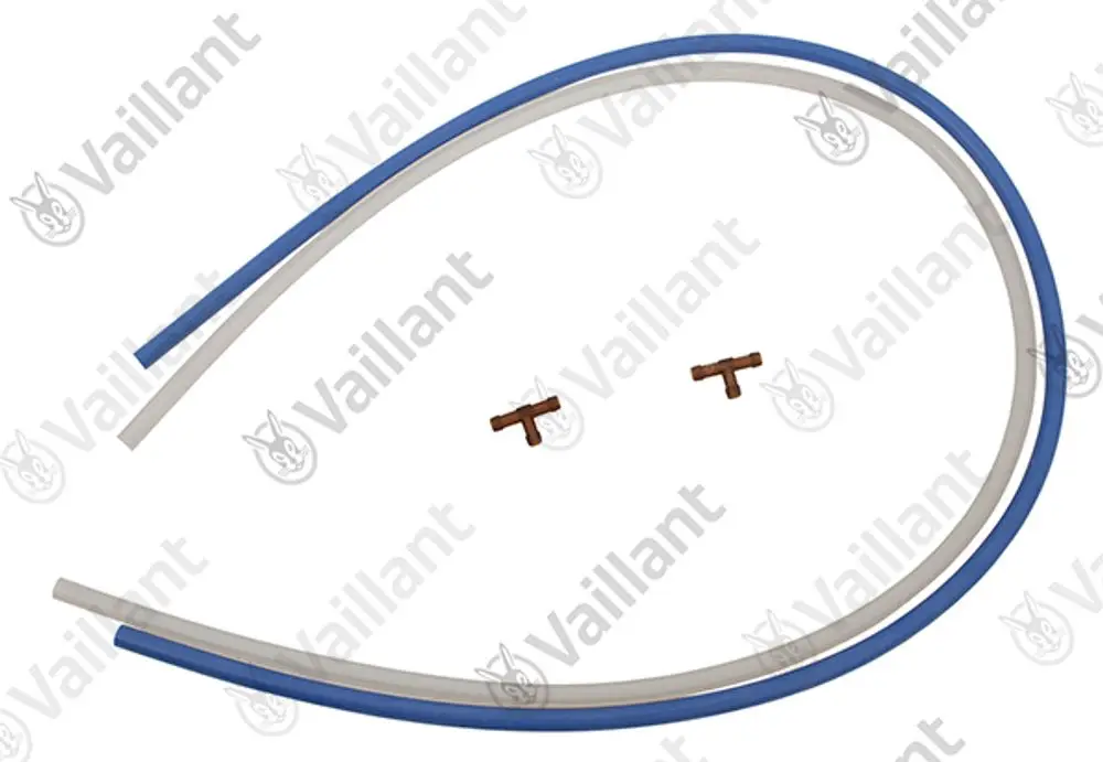 Vaillant Schlauch mit einer blauen und einer grauen Linie, begleitet von zwei T-Stücken. Flexibles Material für Verbindungselemente in Heizsystemen.